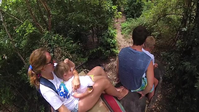 PHANGAN, THAILAND .The family riding on elephants in the tropical forest
