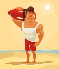 Happy smiling sea lifeguard man character mascot. Vector flat cartoon illustration