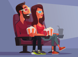 Happy smiling couple character mascot in cinema watching movie. Vector flat cartoon illustration