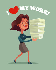 Happy smiling business woman office worker mascot character holding lot of documents report. Vector flat cartoon illustration