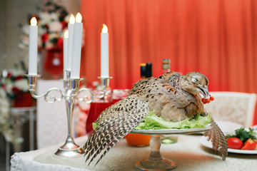 a wounded pheasant hunting. cooked chef to the Banquet. Traditional still life feast