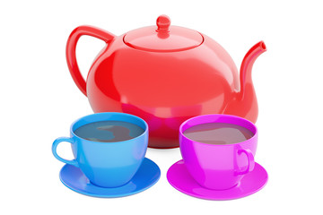 Cups with teapot, 3D rendering