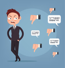 Sad unhappy unsuccessful business man office worker character mascot. Negative feedback dislike. Bad comments. Vector flat cartoon illustration