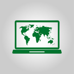 Laptop and world map illustration. World map geography symbol.  Flat design style. 