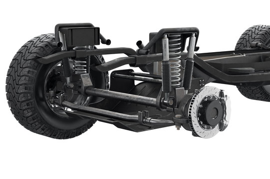 Chassis frame suspension brake disk, close view. 3D rendering
