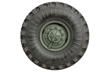 Car wheel military green rubber tire, side view. 3D rendering