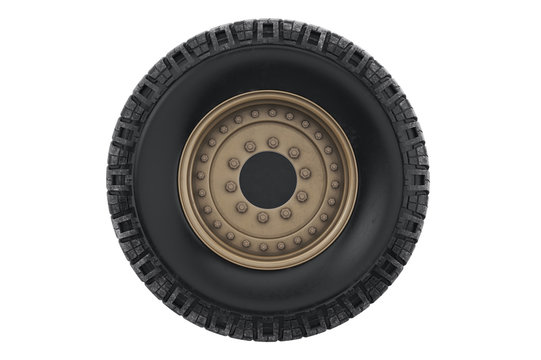 Car wheel military with sand rim, front view. 3D rendering