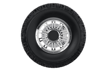 Obraz premium Car wheel black rubber with brake, front view. 3D rendering