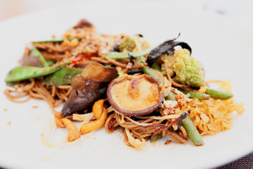 Buckwheat noodles with vegetables and mushrooms, toned