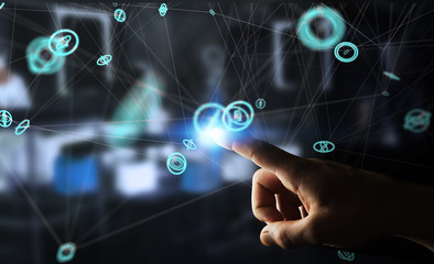 Fototapeta premium Businessman using flying network connection interface 3D rendering