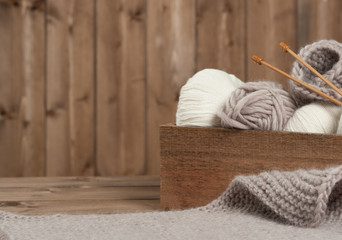 Fototapeta na wymiar Yarn Balls. Wooden Knit Needles. Knitting Accessories.