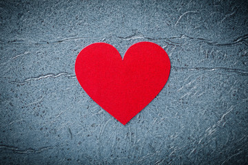 Red paper heart on metallic background top view Valentine card