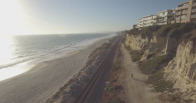 Flyover of the San Clemente State Beach Cliffs during Golden Hour