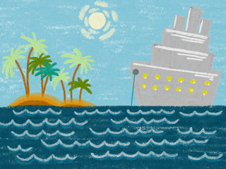 Colorful hand drawn ocean theme as ship on blue waves of sea, island with palms and blue sky with sun on the blue chalk texture background. Cartoon illustration painted by paper chalk, high quality