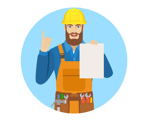 Worker holding a a paper and pointing up