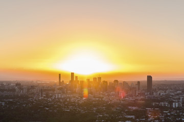 Sunrise over Brisbane cityscape and surrounds, viewed from Mt Coot-tha lookout