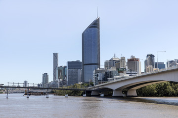 BRISBANE, AUSTRALIA - APRIL 29 2017: Brisbane CBD skyline and 1 William Street building with connecting Goodwill bridge and highway.