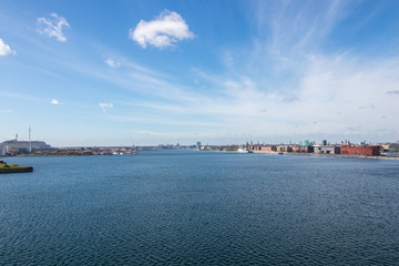 Copenhagen, the capital of Denmark. The picture is taken in the northeast part of the city. This is the Channel between the Amager island to the left, and the city center to the right. Wide angle.