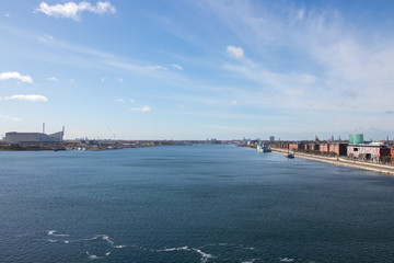 Copenhagen, the capital of Denmark. The picture is taken in the northeast part of the city. This is the Channel between the Amager island to the left, and the city center to the right. Wide angle.