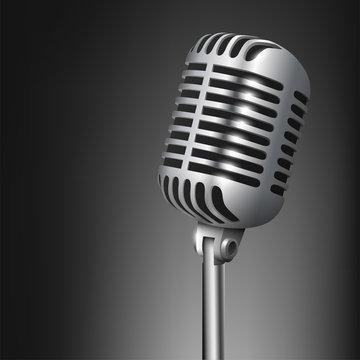 Vintage metal studio microphone isolated on dark background vector illustration
