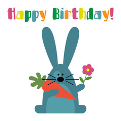 Blue bunny with carrot,flower and text Happy Birthday!