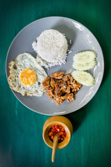 rice with fried pork with garlic and fried egg