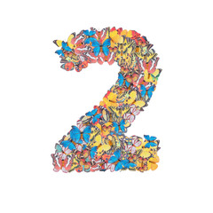 Number 2 made from butterfly isolated on white background