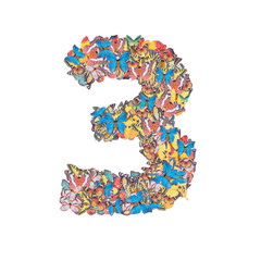 Number 3 made from butterfly isolated on white background