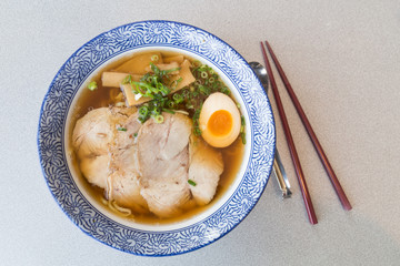 Delicious authentic Japanese Ramen with Pork and Egg in bowl
