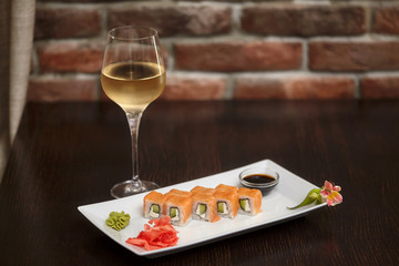 Philadelphia maki sushi rolls with salmon, cheese cream and cucumber © hdesert