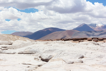 Rocky landscape of Atacama Desert, Chile, South America. Colorful rocks and mountains of San Pedro de Atacama.