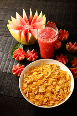 Healthy breakfast -Corn flex bowl with fruits and juice 