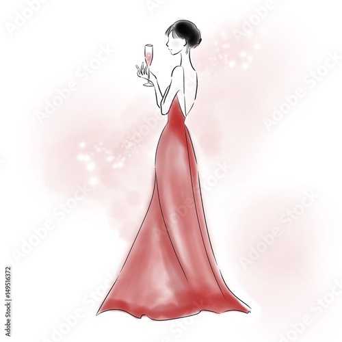 "Beautiful Young Lady in Red Dress and A Glass of Sparkling Wine" photo