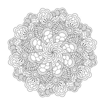 Round element for coloring book. Black and white floral pattern.