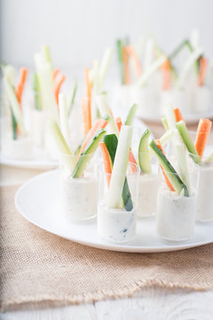 Glasses with vegetable snacks - banquet dish
