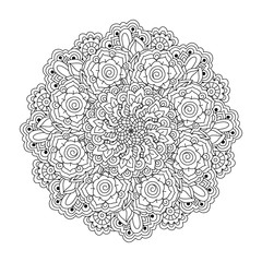 Round element for coloring book. Black and white floral pattern.