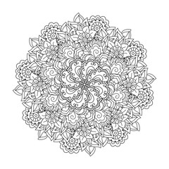 Round element for coloring book. Black and white floral pattern.