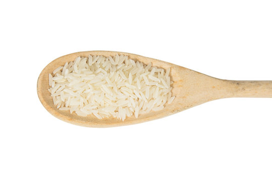White rice (Thai Jasmine rice) in wooden spoon isolated on white background , clipping path.