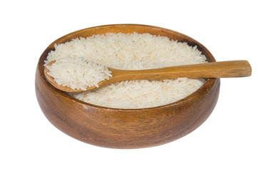 White rice (Thai Jasmine rice) in wooden bowl isolated on white background.