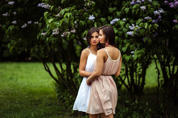 Naklejka premium Two beautiful twins young women in summer dresses near blooming lilac