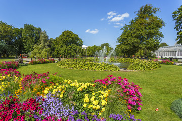 Blossoming flowerbeds and a fountain in the Garden Society of Gothenburg