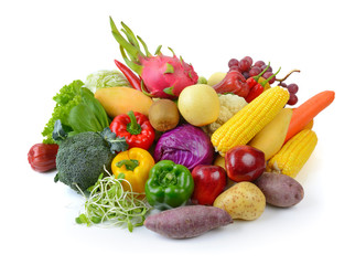 vegetables and fruits on white background