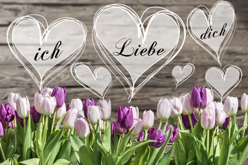 Bouquet white and pink tulips and heart frames with german words I love you