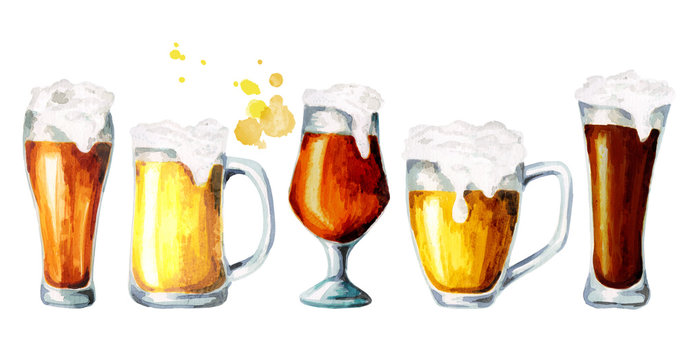 Different varieties of beer. Watercolor