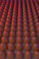 3D-Rendering von zahlreichen, in Reihen aufgestellten, goldenen Eiern in blauem und rotem Licht
