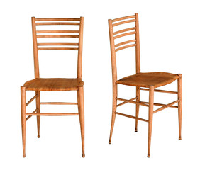 Two simple wooden fruitwood kitchen chairs