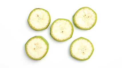 Top view of a half of bananas on white background.