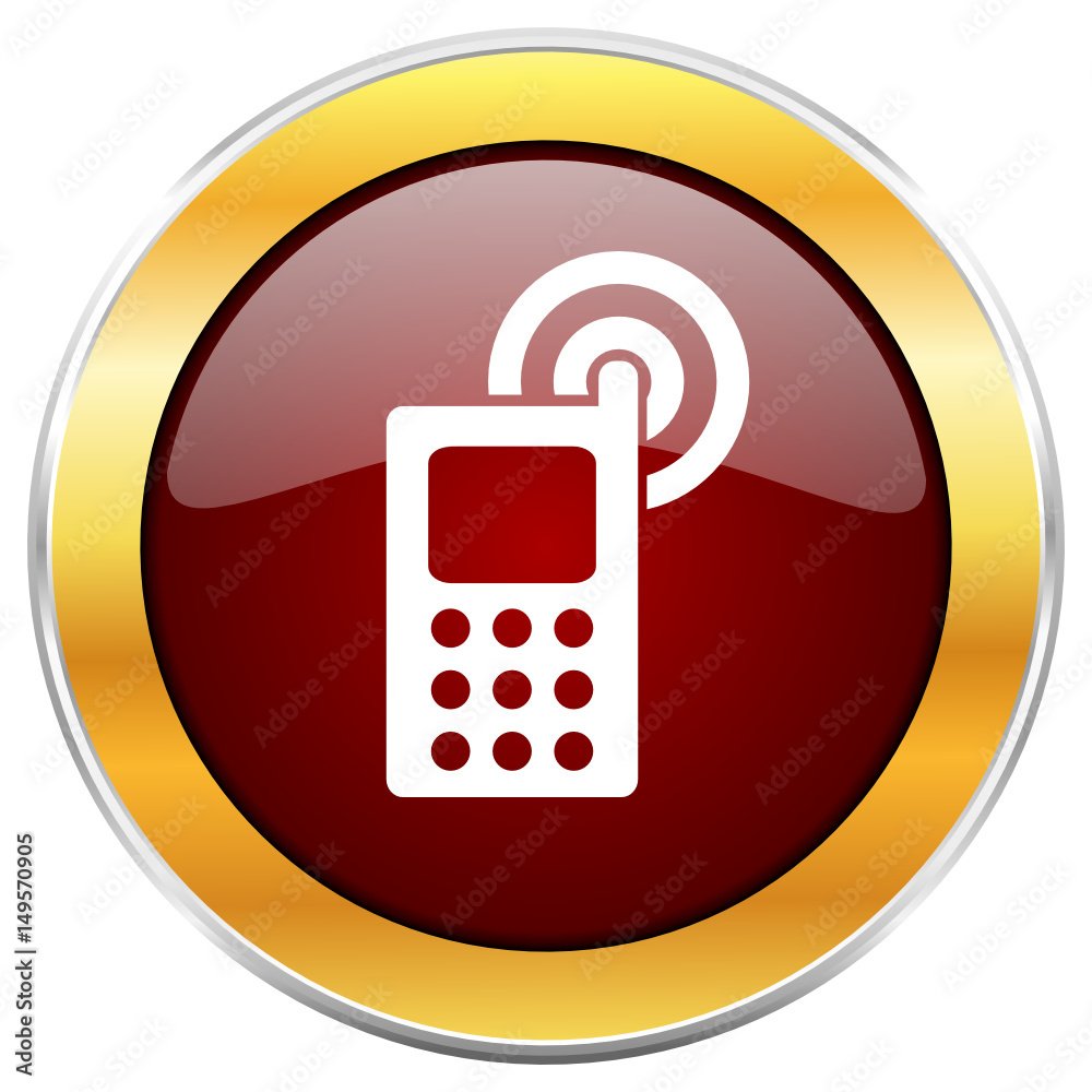 Poster phone red vector icon with golden border isolated on white background.
