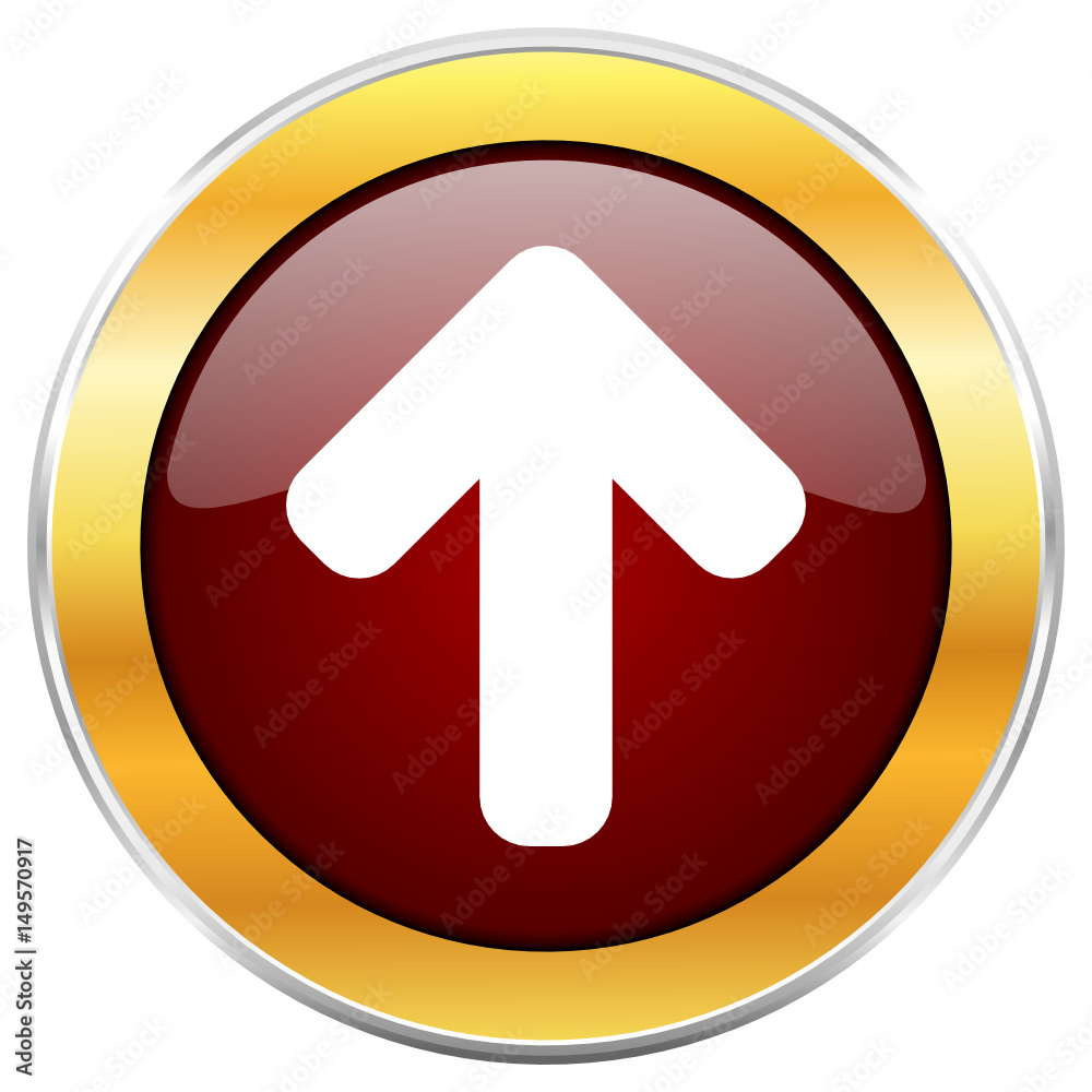 Aufkleber up arrow red vector icon with golden border isolated on white background.
