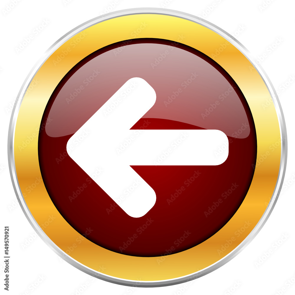 Aufkleber left arrow red vector icon with golden border isolated on white background.